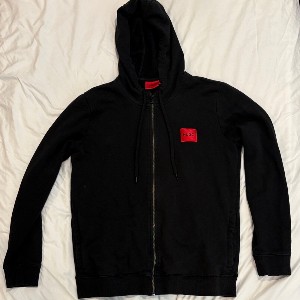 HUGO Black Zip-Up Men's Sweater with Red Logo